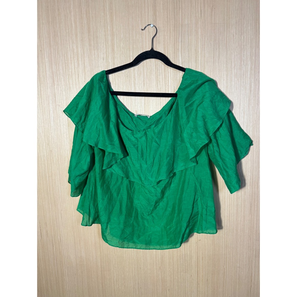 Alice + Olivia Green Silk Cotton Ruffle Off Shoulder Blouse Top CC703042041